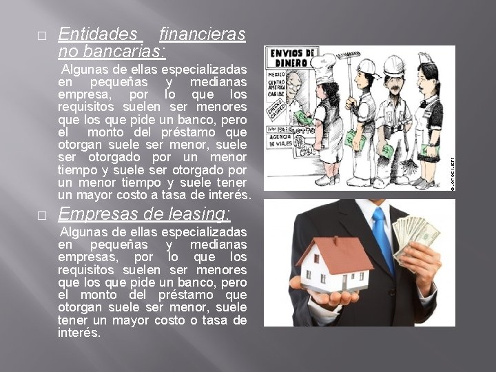 � Entidades financieras no bancarias: Algunas de ellas especializadas en pequeñas y medianas empresa,