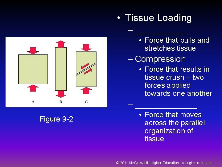  • Tissue Loading – ______ • Force that pulls and stretches tissue –
