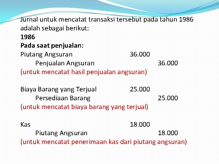 Jurnal untuk mencatat transaksi tersebut pada tahun 1986 adalah sebagai berikut: 1986 Pada saat