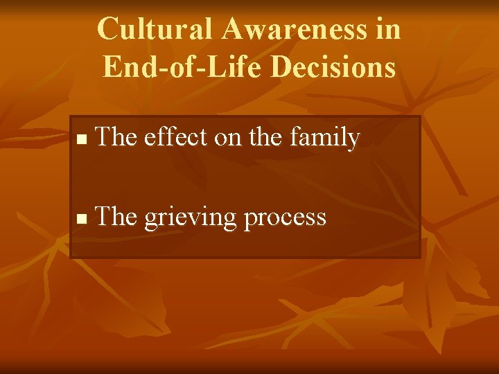 Cultural Awareness in End-of-Life Decisions n The effect on the family n The grieving