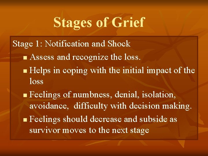 Stages of Grief Stage 1: Notification and Shock n Assess and recognize the loss.