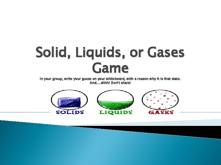Solid, Liquids, or Gases Game In your group, write your guess on your whiteboard,