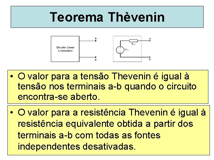 Teorema Thèvenin • O valor para a tensão Thevenin é igual à tensão nos