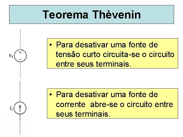 Teorema Thèvenin • Para desativar uma fonte de tensão curto circuita-se o circuito entre