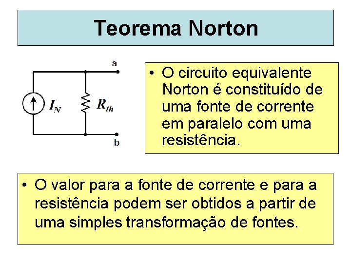 Teorema Norton • O circuito equivalente Norton é constituído de uma fonte de corrente