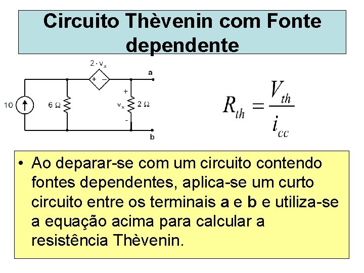 Circuito Thèvenin com Fonte dependente • Ao deparar-se com um circuito contendo fontes dependentes,