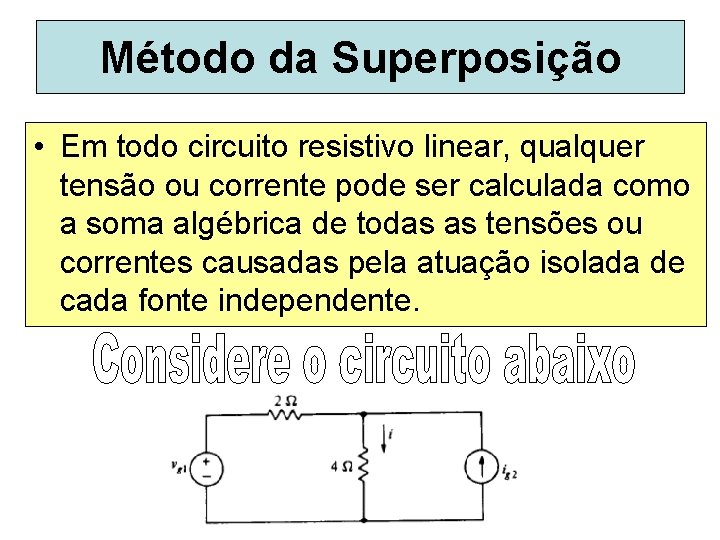 Método da Superposição • Em todo circuito resistivo linear, qualquer tensão ou corrente pode