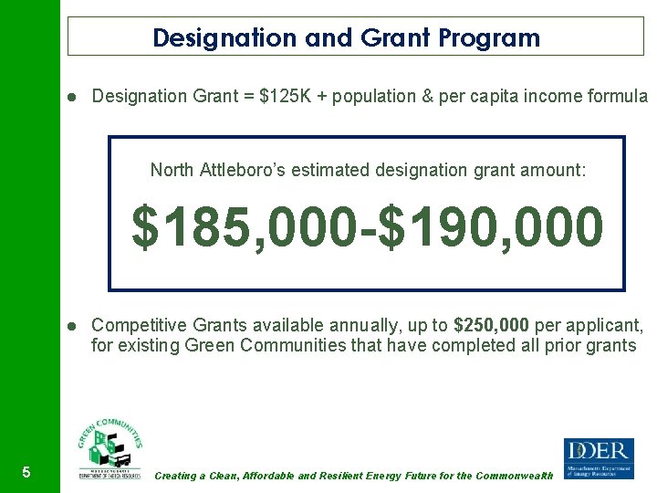 Designation and Grant Program Designation Grant = $125 K + population & per capita