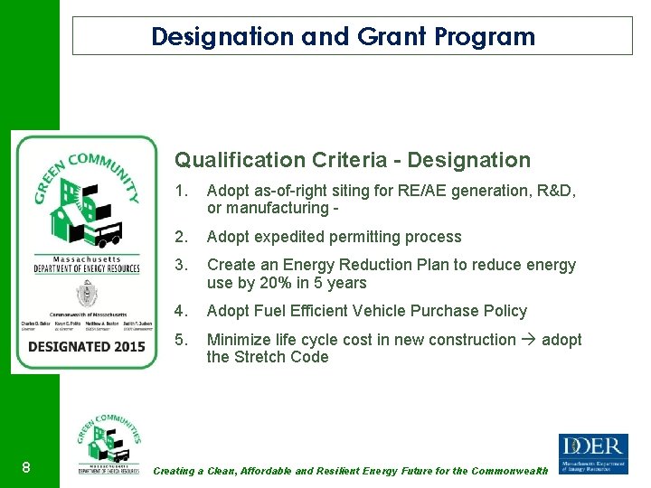 Designation and Grant Program Qualification Criteria - Designation 8 1. Adopt as-of-right siting for