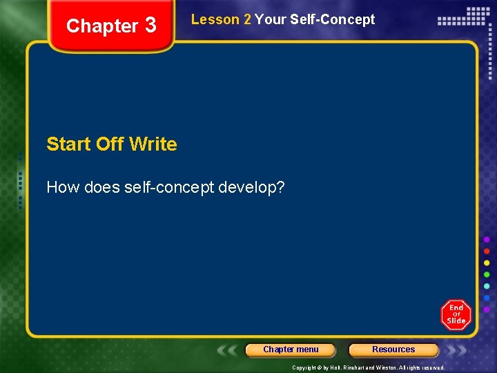 Chapter 3 Lesson 2 Your Self-Concept Start Off Write How does self-concept develop? Chapter