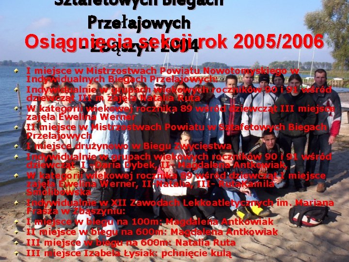 Sztafetowych Biegach Przełajowych Osiągnięcia - Zbąszysekcji ń 2004 rok 2005/2006 I miejsce w Mistrzostwach
