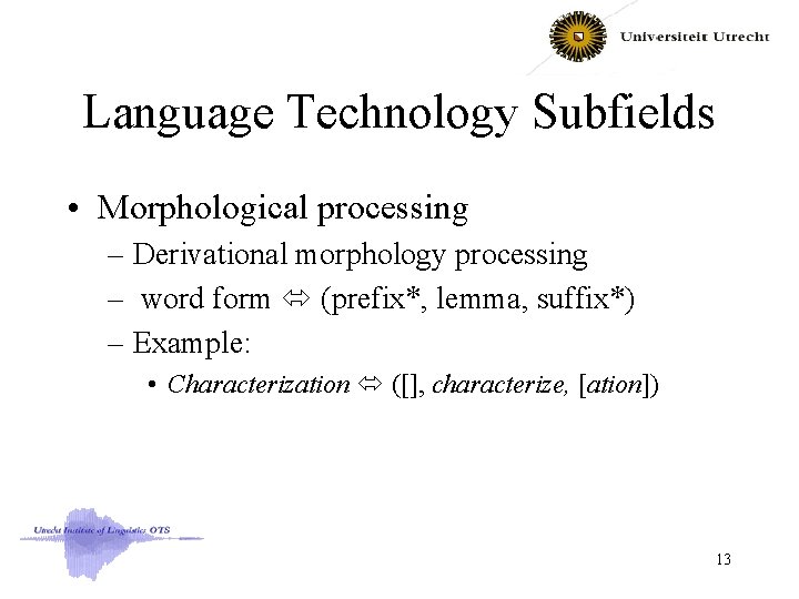 Language Technology Subfields • Morphological processing – Derivational morphology processing – word form (prefix*,
