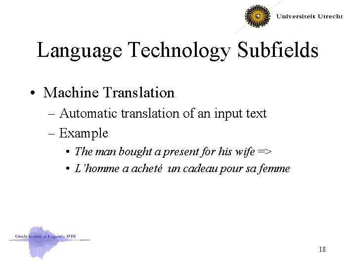 Language Technology Subfields • Machine Translation – Automatic translation of an input text –