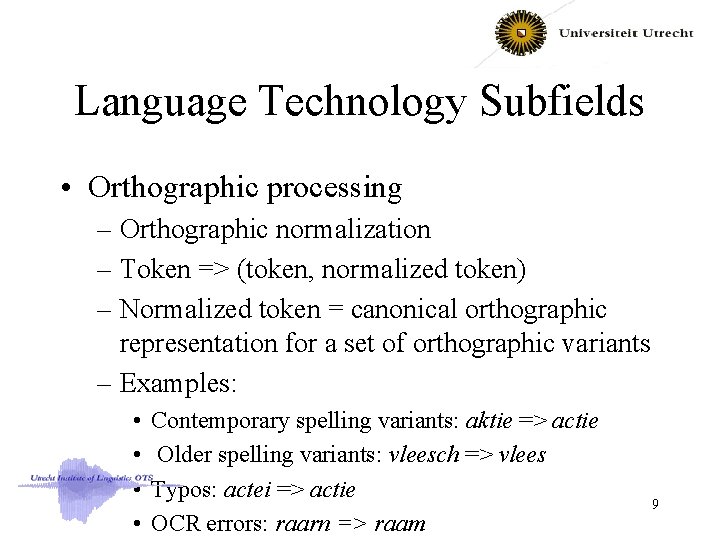 Language Technology Subfields • Orthographic processing – Orthographic normalization – Token => (token, normalized