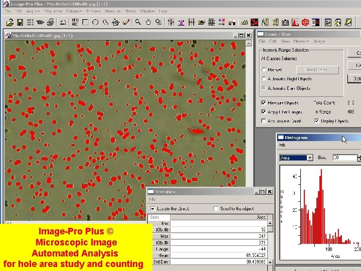 Image-Pro Plus © Microscopic Image Automated Analysis for hole area study and counting 