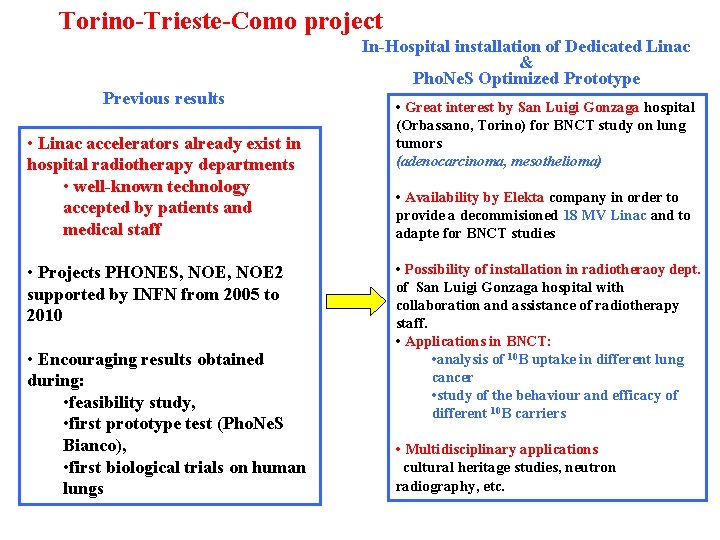 Torino-Trieste-Como project In-Hospital installation of Dedicated Linac & Pho. Ne. S Optimized Prototype Previous