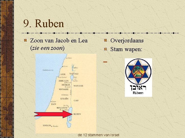 9. Ruben Zoon van Jacob en Lea (zie een zoon) Overjordaans Stam wapen: de