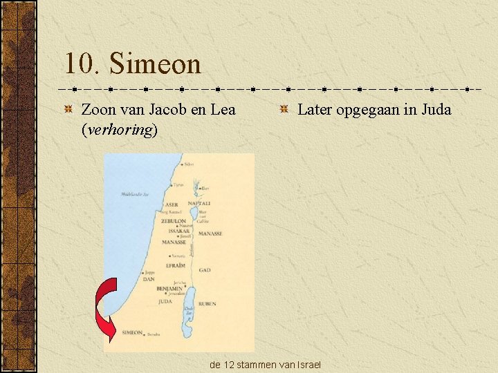 10. Simeon Zoon van Jacob en Lea (verhoring) Later opgegaan in Juda de 12