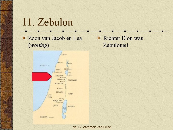 11. Zebulon Zoon van Jacob en Lea (woning) Richter Elon was Zebuloniet de 12