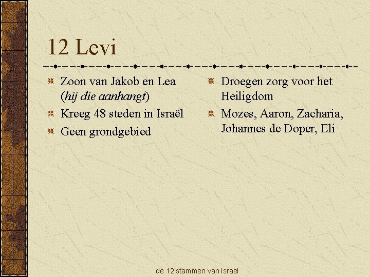 12 Levi Zoon van Jakob en Lea (hij die aanhangt) Kreeg 48 steden in