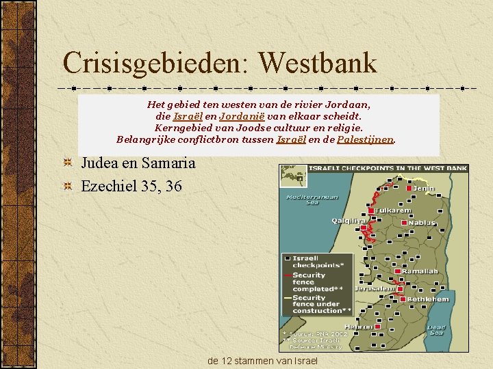 Crisisgebieden: Westbank Het gebied ten westen van de rivier Jordaan, die Israël en Jordanië