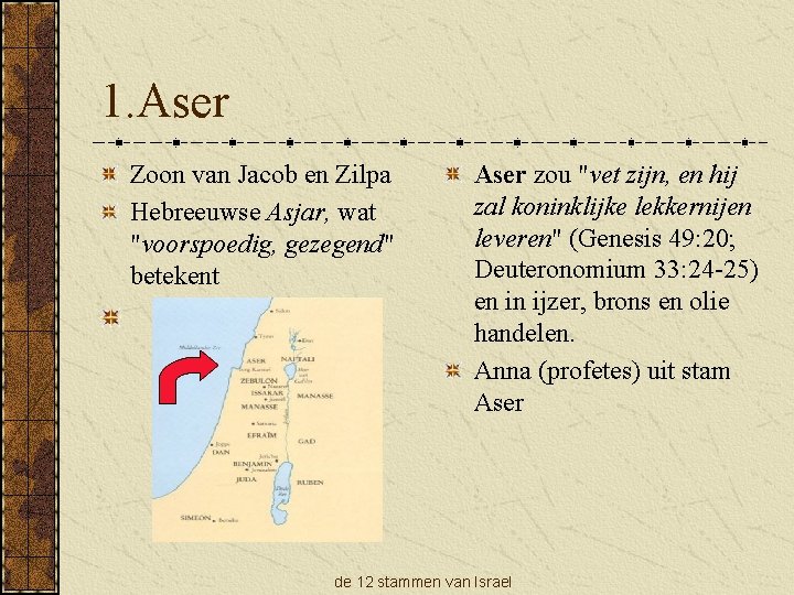 1. Aser Zoon van Jacob en Zilpa Hebreeuwse Asjar, wat "voorspoedig, gezegend" betekent Aser