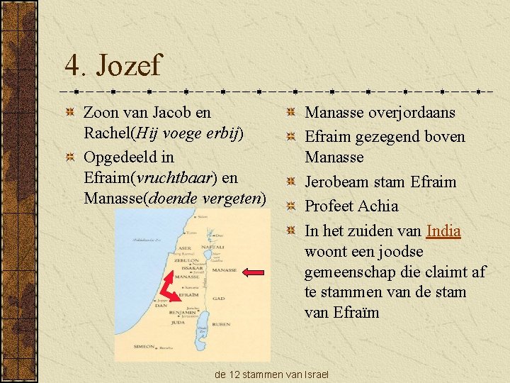 4. Jozef Zoon van Jacob en Rachel(Hij voege erbij) Opgedeeld in Efraim(vruchtbaar) en Manasse(doende
