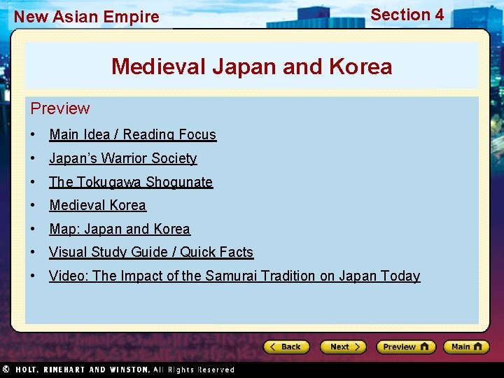 New Asian Empire Section 4 Medieval Japan and Korea Preview • Main Idea /