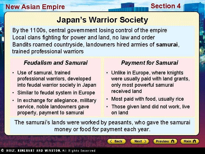 Section 4 New Asian Empire Japan’s Warrior Society By the 1100 s, central government