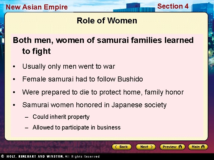 Section 4 New Asian Empire Role of Women Both men, women of samurai families