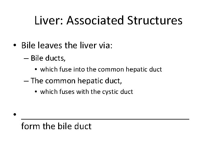 Liver: Associated Structures • Bile leaves the liver via: – Bile ducts, • which