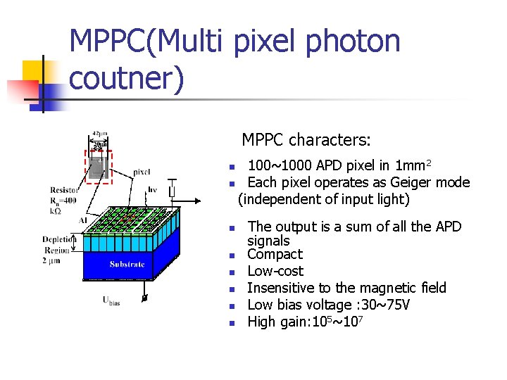 MPPC(Multi pixel photon coutner) MPPC characters: 100~1000 APD pixel in 1 mm 2 n