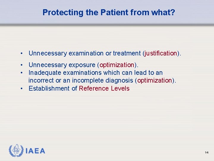 Protecting the Patient from what? • Unnecessary examination or treatment (justification). • Unnecessary exposure