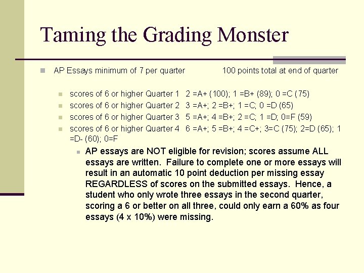 Taming the Grading Monster n AP Essays minimum of 7 per quarter n n