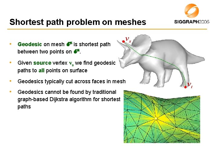 Shortest path problem on meshes • Geodesic on mesh is shortest path between two