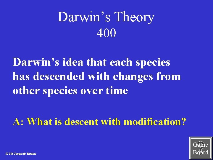 Darwin’s Theory 400 Darwin’s idea that each species has descended with changes from other