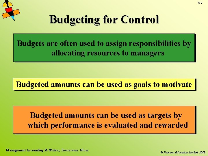 8 -7 Budgeting for Control Budgets are often used to assign responsibilities by allocating