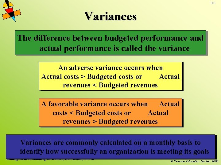 8 -8 Variances The difference between budgeted performance and actual performance is called the