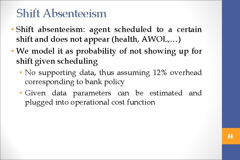 Shift Absenteeism • Shift absenteeism: agent scheduled to a certain shift and does not