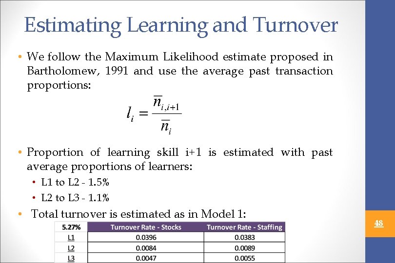 Estimating Learning and Turnover • We follow the Maximum Likelihood estimate proposed in Bartholomew,