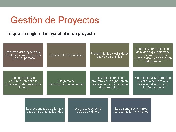 Gestión de Proyectos Lo que se sugiere incluya el plan de proyecto Resumen del