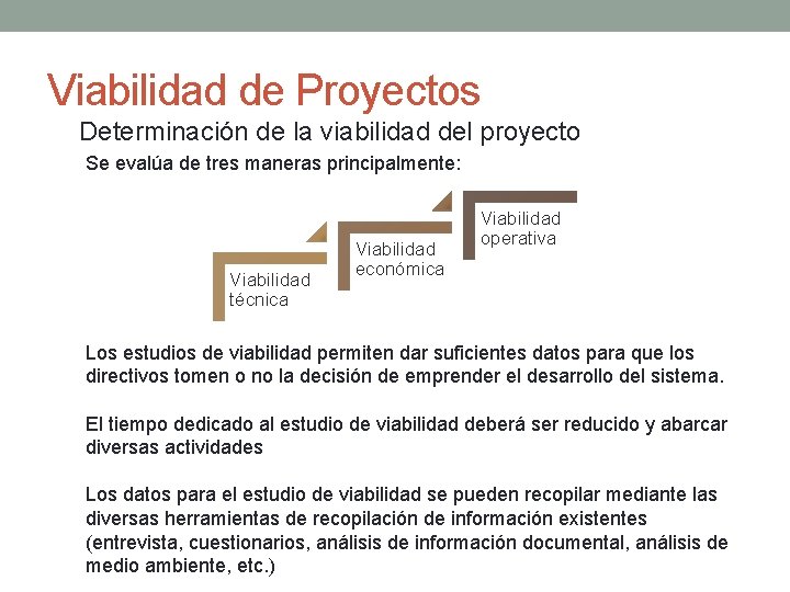 Viabilidad de Proyectos Determinación de la viabilidad del proyecto Se evalúa de tres maneras