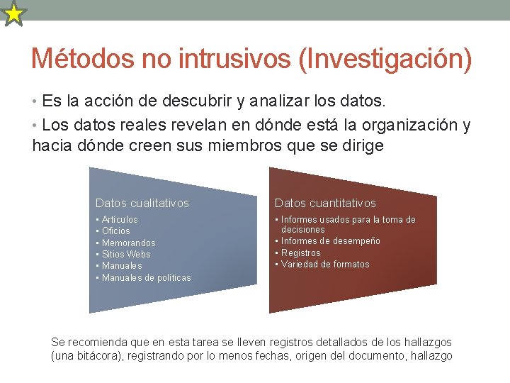 Métodos no intrusivos (Investigación) • Es la acción de descubrir y analizar los datos.