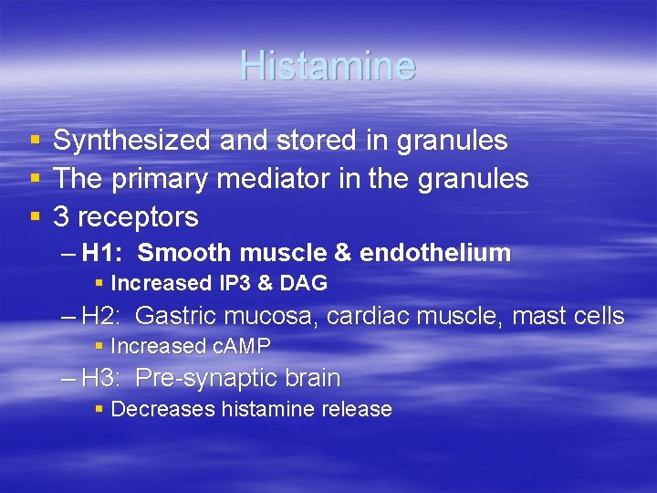 Histamine § § § Synthesized and stored in granules The primary mediator in the