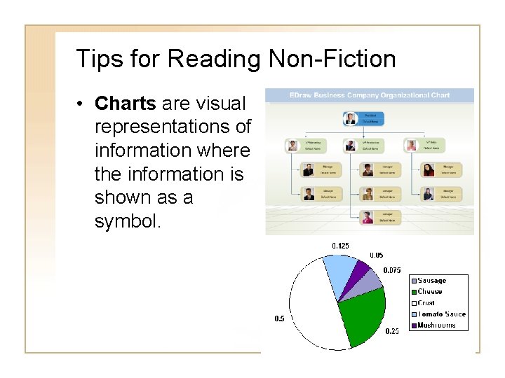 Tips for Reading Non-Fiction • Charts are visual representations of information where the information