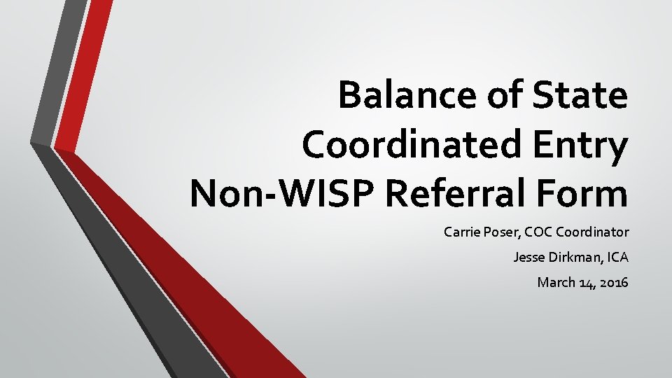 Balance of State Coordinated Entry Non-WISP Referral Form Carrie Poser, COC Coordinator Jesse Dirkman,