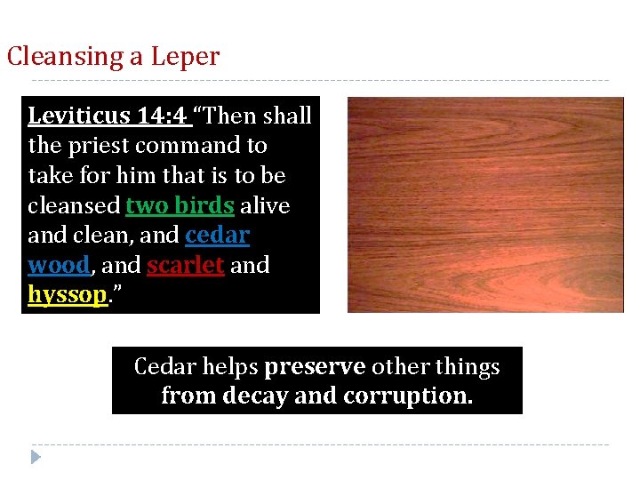 Cleansing a Leper Leviticus 14: 4 “Then shall the priest command to take for