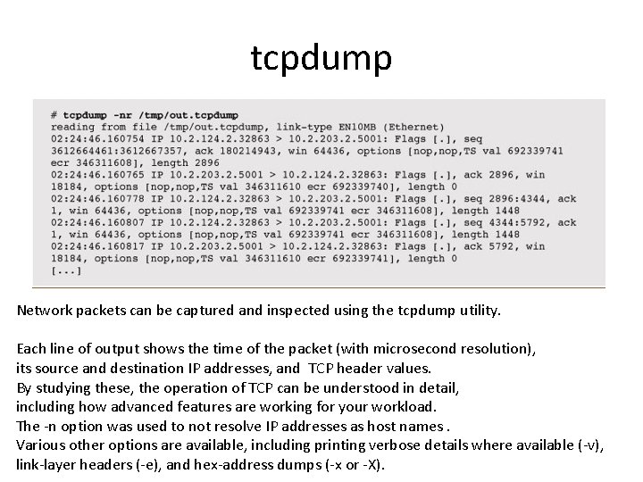 tcpdump Network packets can be captured and inspected using the tcpdump utility. Each line tcpdump Network packets can be captured and inspected using the tcpdump utility. Each line