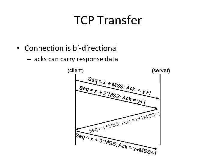 TCP Transfer • Connection is bi-directional – acks can carry response data (client) (server) TCP Transfer • Connection is bi-directional – acks can carry response data (client) (server)
