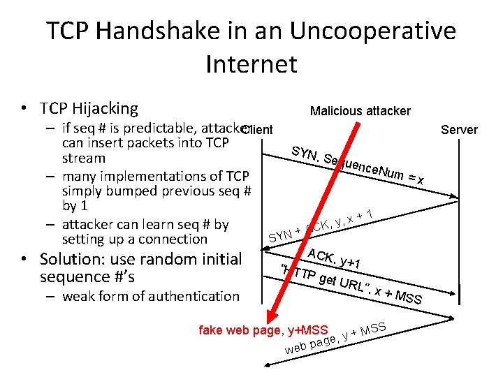 TCP Handshake in an Uncooperative Internet • TCP Hijacking Malicious attacker – if seq TCP Handshake in an Uncooperative Internet • TCP Hijacking Malicious attacker – if seq